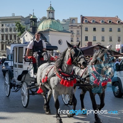 Carriage And Horses In Krakow Stock Photo