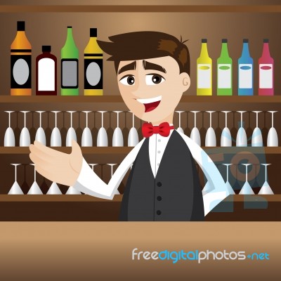 Cartoon Bartender At Cocktail Bar Stock Image