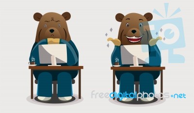 Cartoon Bear Businessman Showing Emotions Of Thinking And Happy Stock Image