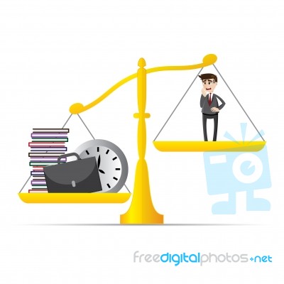 Cartoon Businessman And Lot Of Work On Balance Scale Stock Image