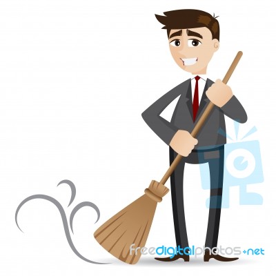 Cartoon Businessman Cleaning With Broom Stock Image