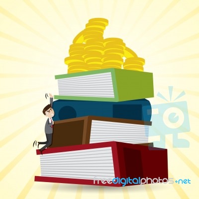 Cartoon Businessman Climbing Stack Of Folder To Get Money Stock Image