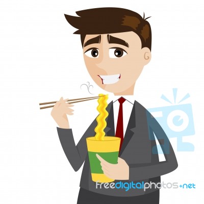 Cartoon Businessman Eating Instant Noodle Stock Image