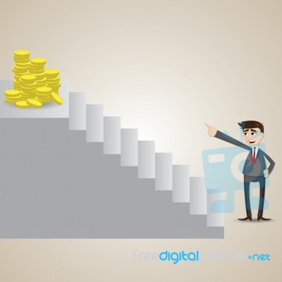 Cartoon Businessman Focus At Gold Coin On Top Of Stair Stock Image