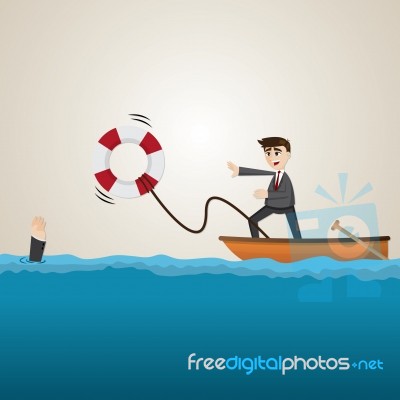 Cartoon Businessman Helping Teammate With Lifebuoy Stock Image