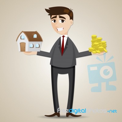 Cartoon Businessman Holding House And Gold Coin Stock Image