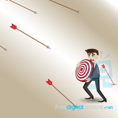 Cartoon Businessman Holding Target Under Arrow Shower Stock Image