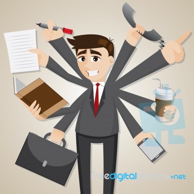 Cartoon Businessman Multi Tasking Stock Image