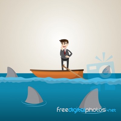 Cartoon Businessman On Boat With Shark In Sea Stock Image