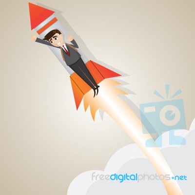 Cartoon Businessman Rising With Rocket Stock Image