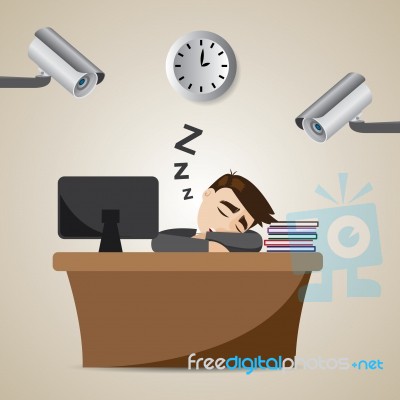 Cartoon Businessman Sleeping At Working Time With Cctv Stock Image