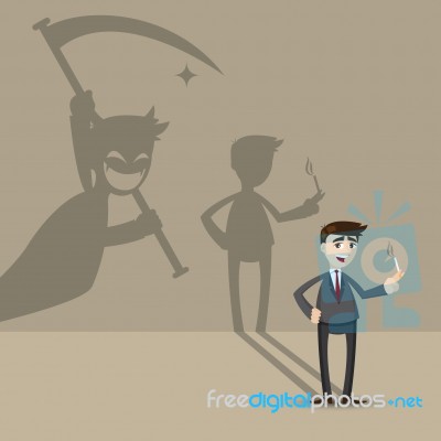 Cartoon Businessman Smoking With Death Shadow On Wall Stock Image