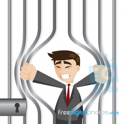 Cartoon Businessman Trying To Break Prison Stock Image