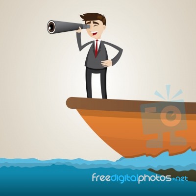 Cartoon Businessman Using Binoculars On Ship Stock Image