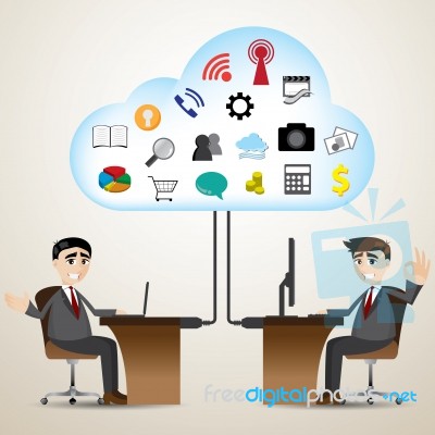 Cartoon Businessman With Cloud Computer Connecting Stock Image