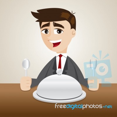Cartoon Businessman With Food Tray On Table Stock Image
