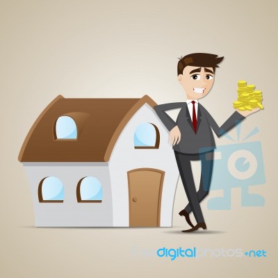 Cartoon Businessman With House And Money Stock Image