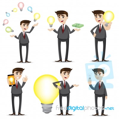 Cartoon Businessman With Idea Bulb Set Stock Image