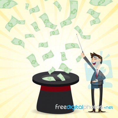 Cartoon Businessman With Money From Magician Hat Stock Image
