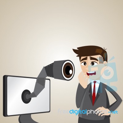 Cartoon Businessman With Spy Camera On Computer Monitor Stock Image