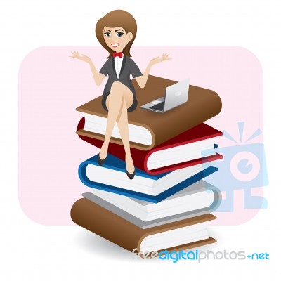 Cartoon Businesswoman Sitting On Stack Of Book With Computer Lap… Stock Image