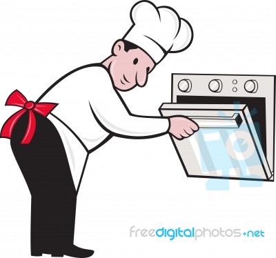 Cartoon Chef Baker Cook Opening Oven Stock Image