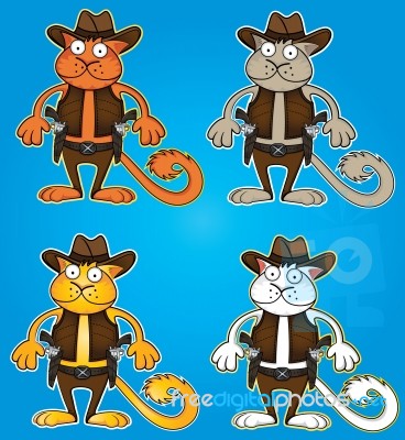Cartoon Cowboy Cat With Gun  Illustration Stock Image