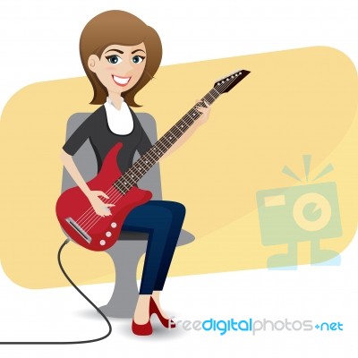 Cartoon Cute Girl Playing Electric Guitar Stock Image