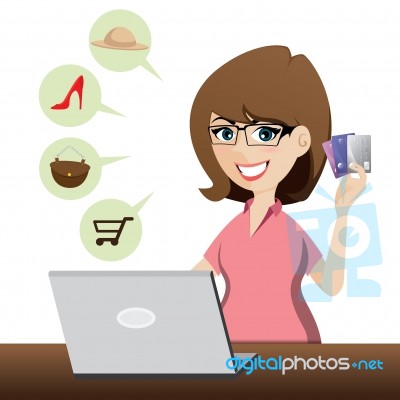 Cartoon Cute Girl Shopping Online With Credit Cards Stock Image