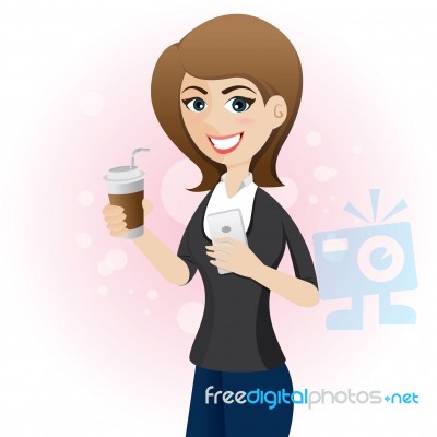 Cartoon Cute Girl With Cup Of Coffee And Smart Phone Stock Image