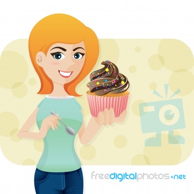 Cartoon Cute Girl With Sweeties Cupcake Stock Image