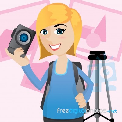Cartoon Cute Photographer With Camera And Tripod Stock Image