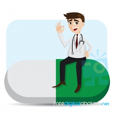 Cartoon Doctor Sitting On Big Capsule Stock Image