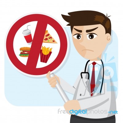 Cartoon Doctor With Junk Food Prohibit Signage Stock Image