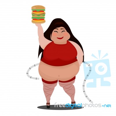 Cartoon Fat Woman Holding A Big Burger Stock Image
