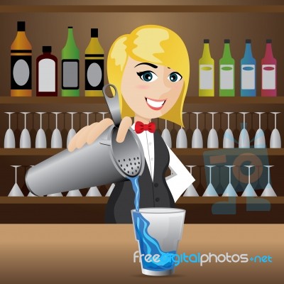 Cartoon Girl Bartender Pouring Cocktail Stock Image