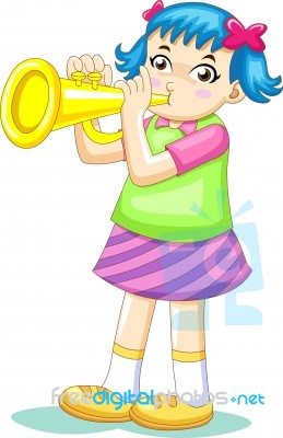 Cartoon Girl Blowing Trumpet Stock Image