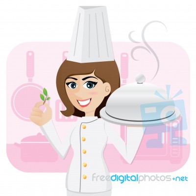 Cartoon Girl Chef Serving Food With Herb Stock Image