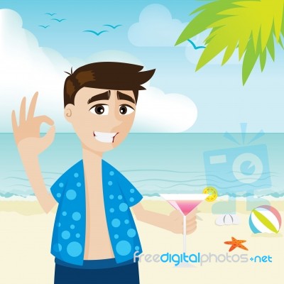 Cartoon Guy On The Beach With Cocktail Stock Image