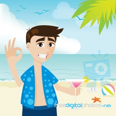 Cartoon Guy On The Beach With Cocktail Stock Image