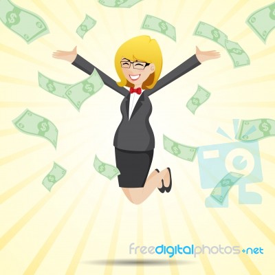 Cartoon Happy Businesswoman Jumping With Money Cash Stock Image