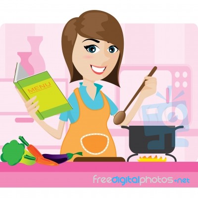 Cartoon Housewife Cooking In Kitchen Stock Image