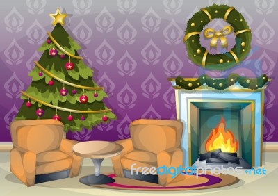 Cartoon  Illustration Interior Christmas Room With Separated Layers Stock Image