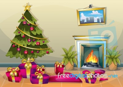 Cartoon  Illustration Interior Christmas Room With Separated Layers Stock Image