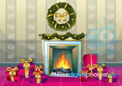 Cartoon  Illustration Interior Christmas Room With Separated Layers Stock Image