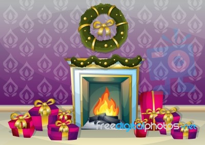 Cartoon  Illustration Interior Christmas Room With Separated Layers Stock Image