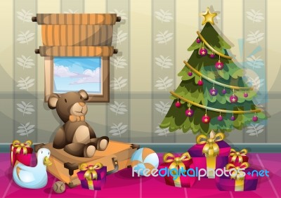 Cartoon  Illustration Interior Christmas Room With Separated Layers Stock Image