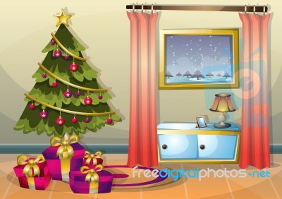 Cartoon  Illustration Interior Christmas Room With Separated Layers Stock Image