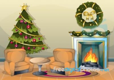 Cartoon  Illustration Interior Christmas Room With Separated Layers Stock Image