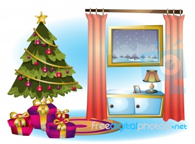 Cartoon  Illustration Interior Christmas Room With Separated Layers Stock Image